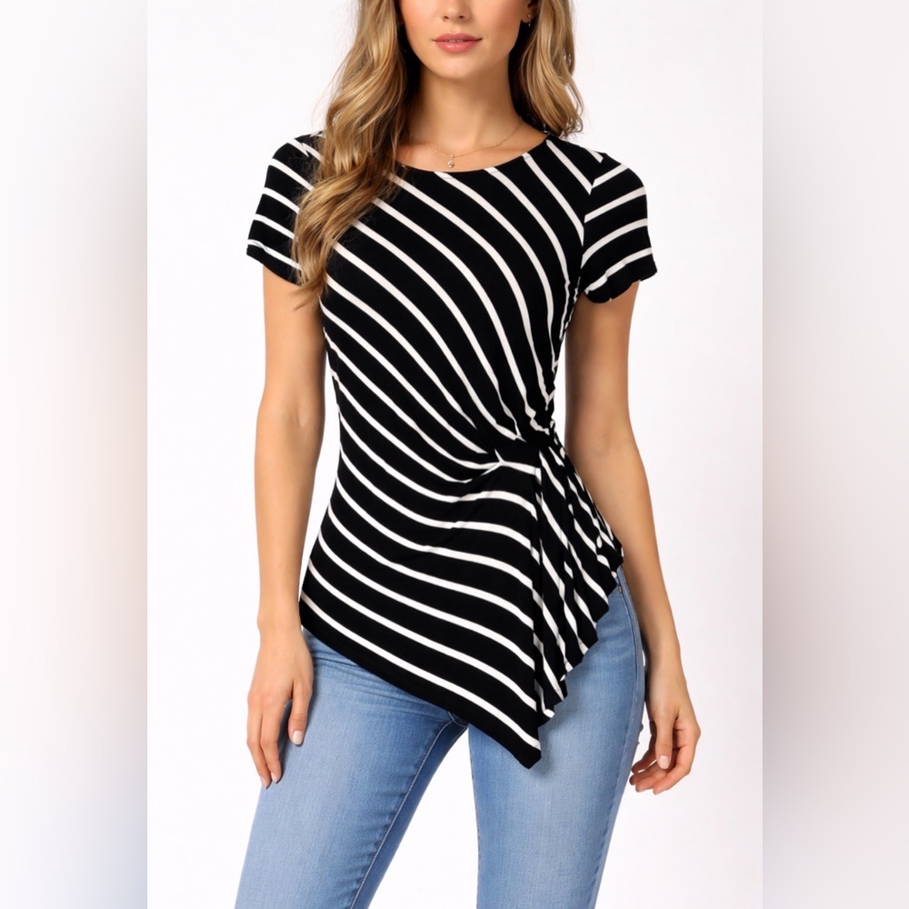 Vince Camuto Women PXS Striped Asymmetrical Blouse Black/white(A389)
